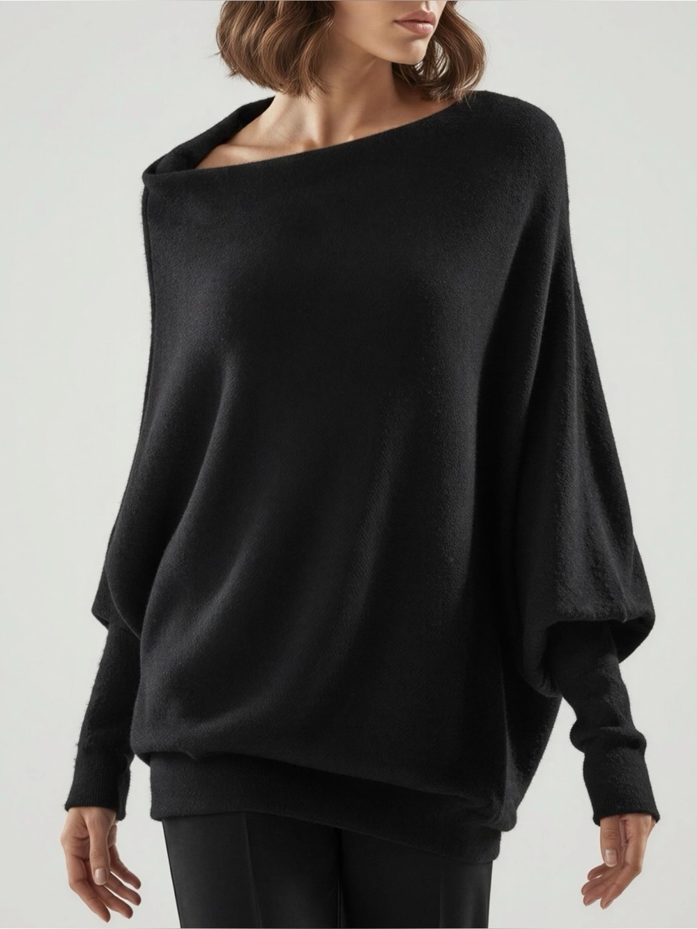 JAKI LONDON Asymmetric Draped Knit Sweater, Black,  L/XL